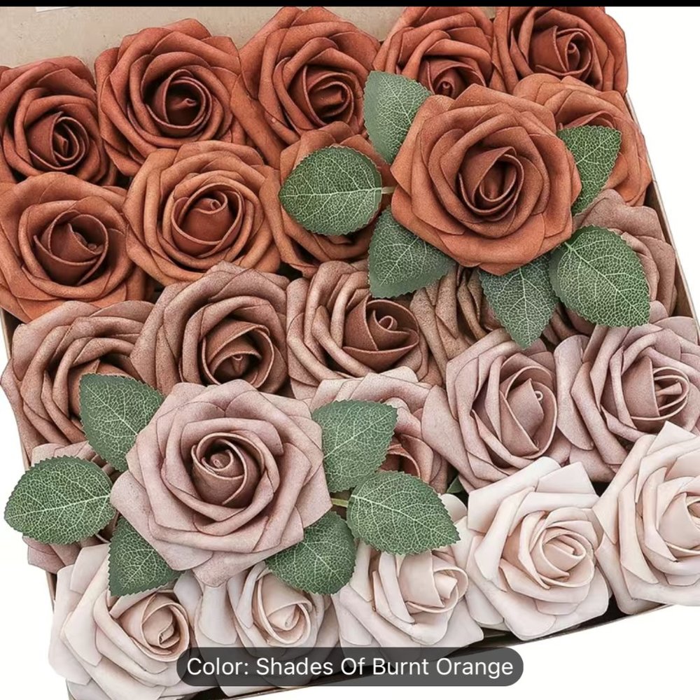 Artificial Flowers 25Pc Shades Of Burnt Orange Real Looking Foam Roses (113)